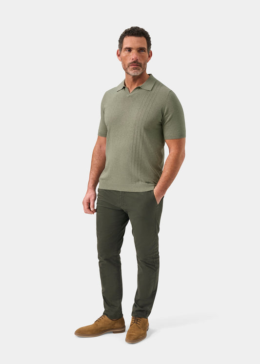 Alan Paine Shipford men's short sleeve polo in landscape green wool linen silk blend with an open collar design