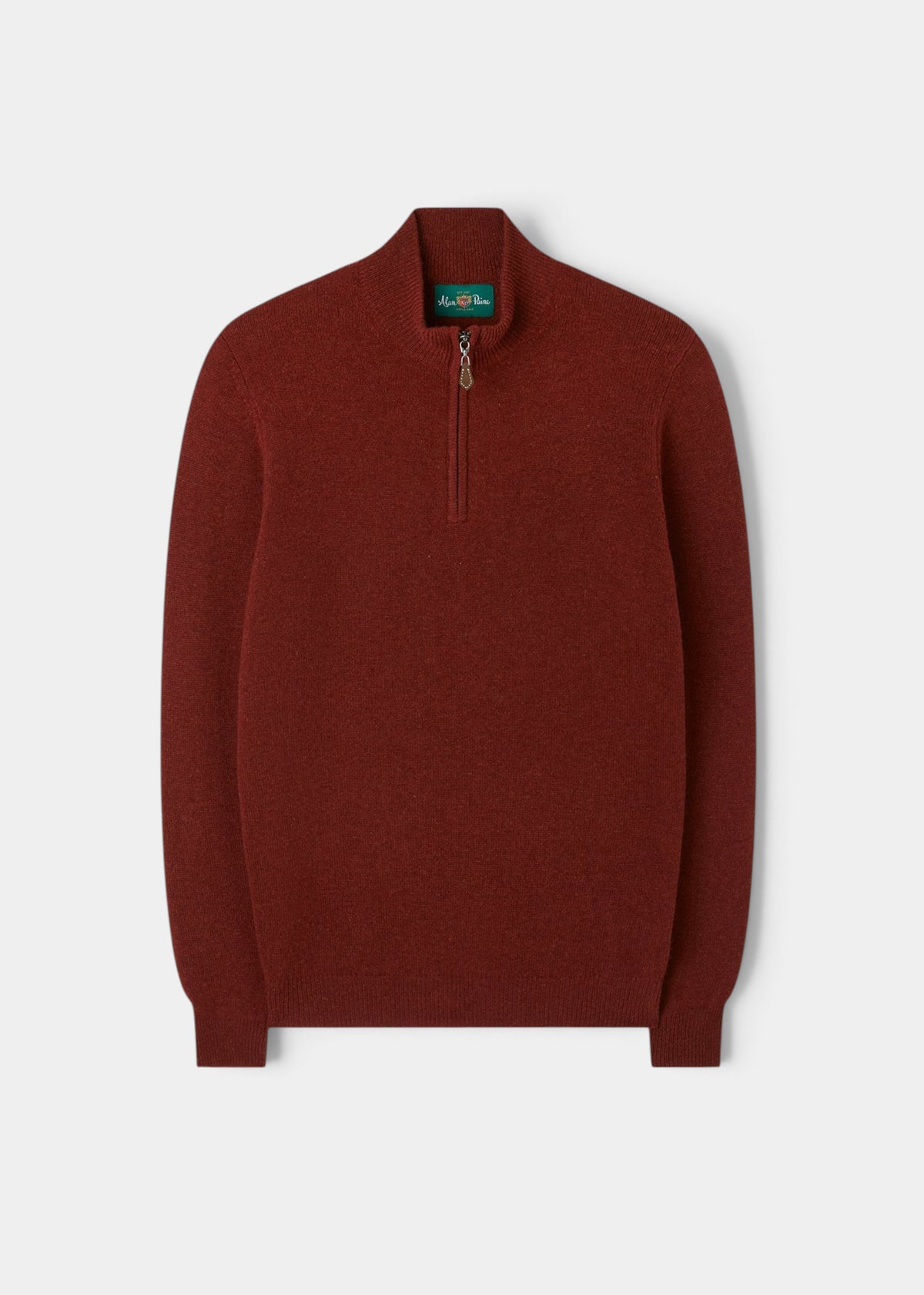 Alan Paine sienna lambswool quarter zip jumper with a mock neck and leather zip pull in a regular fit.