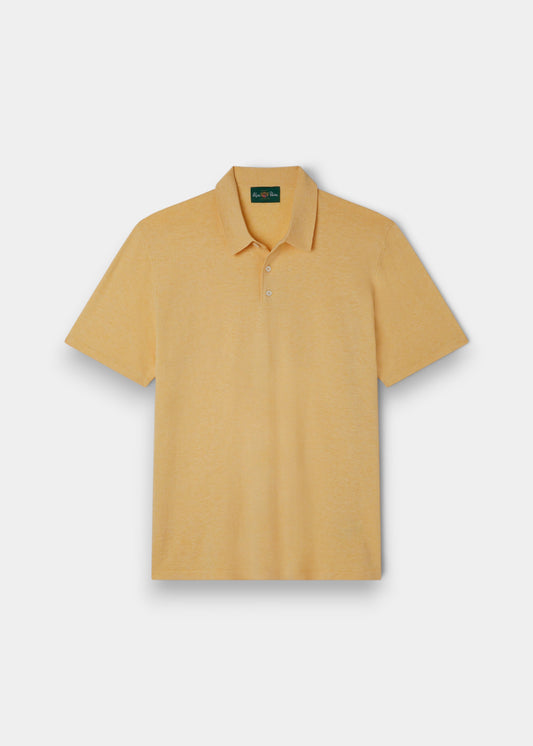 Alan Paine men's luxury solar yellow polo shirt in a soft Pima cotton, silk, and cashmere blend with a ribbed hem.