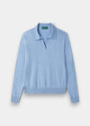 Alan Paine Uma steel blue cotton cashmere jumper with an open placket collar and long sleeves.