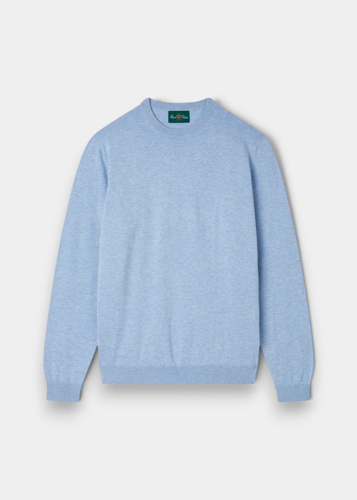 Alan Paine Oakford steel blue long sleeve crew neck shirt in 100% high twist cotton with a refined textured knit.