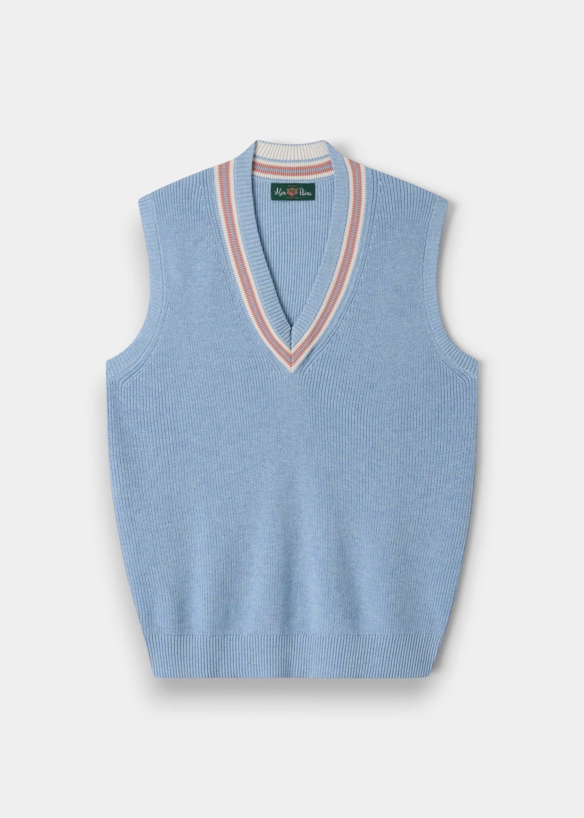 Alan Paine ladies cricket slipover in steel blue mix cotton with ecru and dusk pink v-neck trim