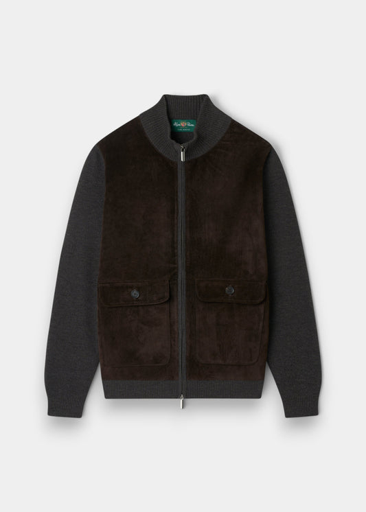 Alan Paine Oakmoore dark brown zip-through jumper with a real suede front panel and fine Italian Merino wool sleeves.