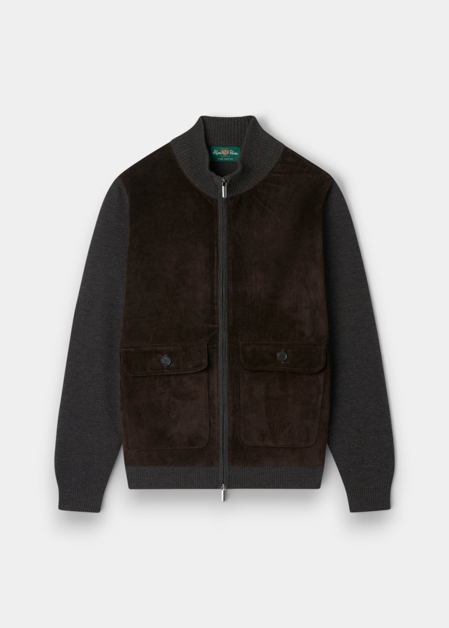Alan Paine Oakmoore dark brown zip-through jumper with a real suede front panel and fine Italian Merino wool sleeves.