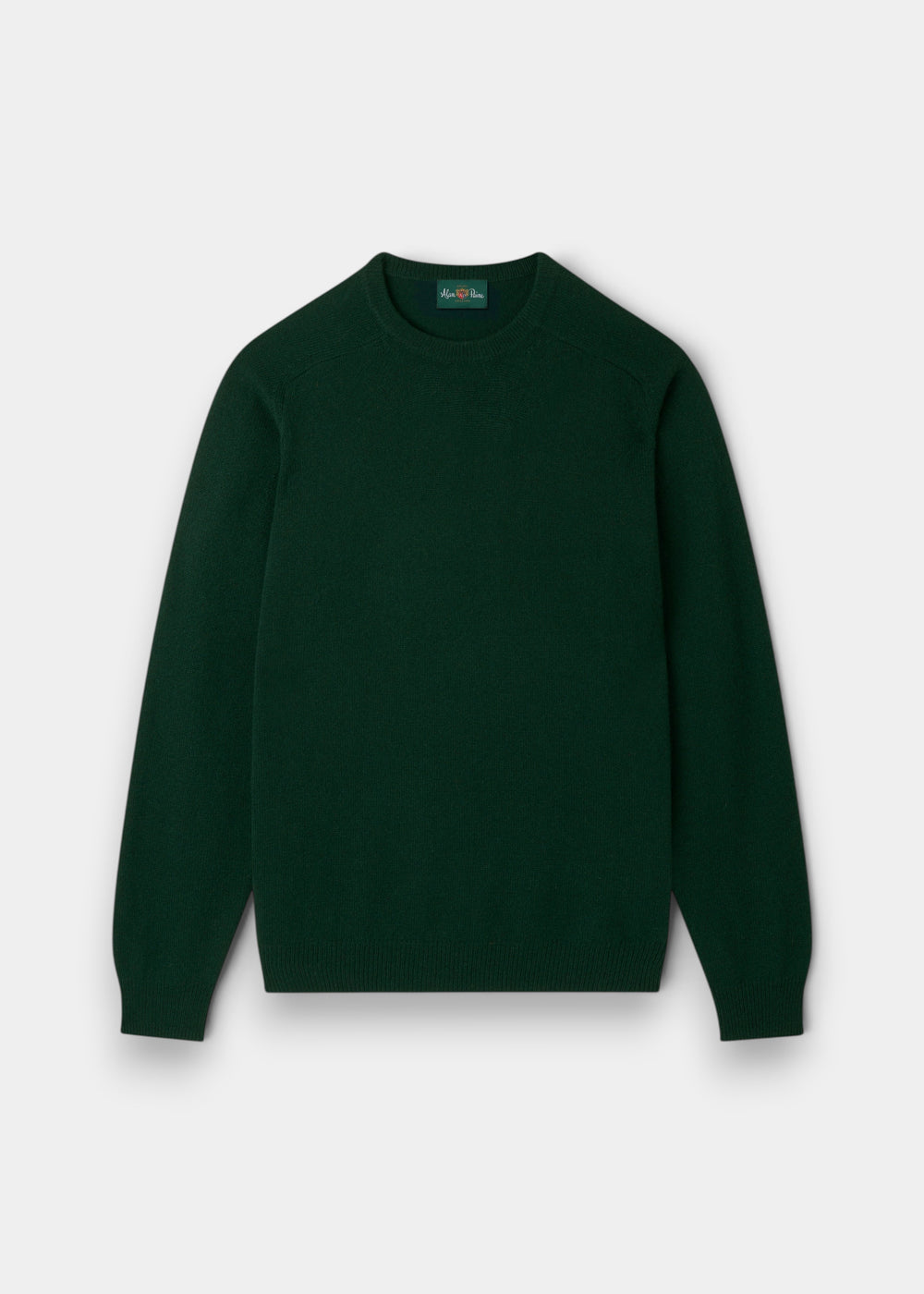Alan Paine Lenzie men's crew neck jumper in tartan green lambswool with ribbed cuffs and saddle shoulder detail.