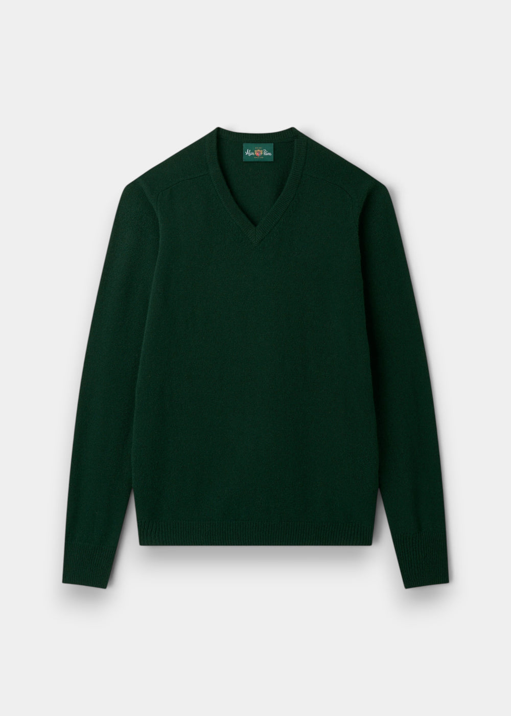 Kilsyth Lambswool V-Neck Jumper in Tartan Green, regular fit, laid flat on a light gray background.