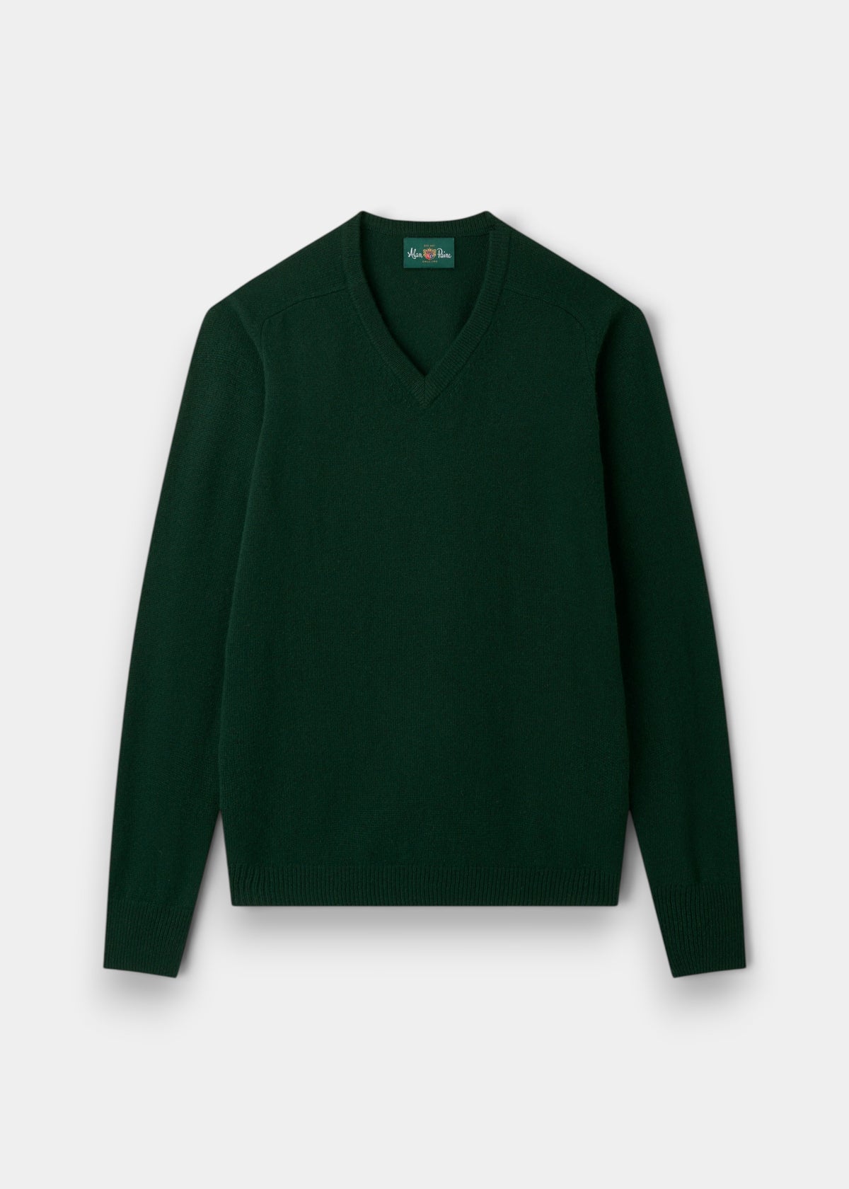 Kilsyth Lambswool V-Neck Jumper in Tartan Green, regular fit, laid flat on a light gray background.