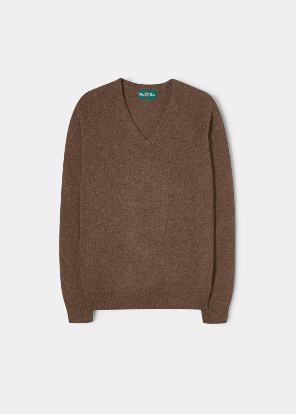 Kilsyth Lambswool V-Neck Jumper in Tobacco, regular fit, long sleeves, shown flat on a white background.