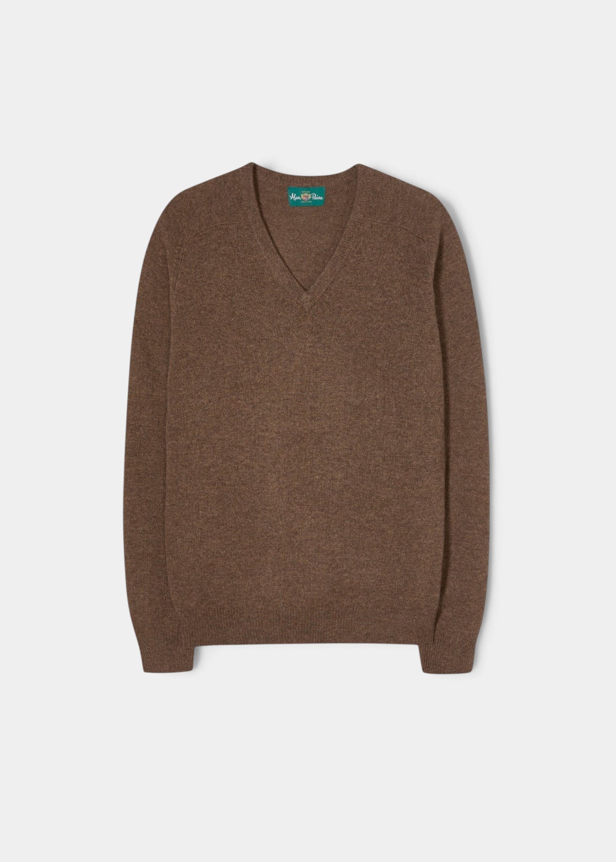 Kilsyth Lambswool V-Neck Jumper in Tobacco, regular fit, long sleeves, shown flat on a white background.