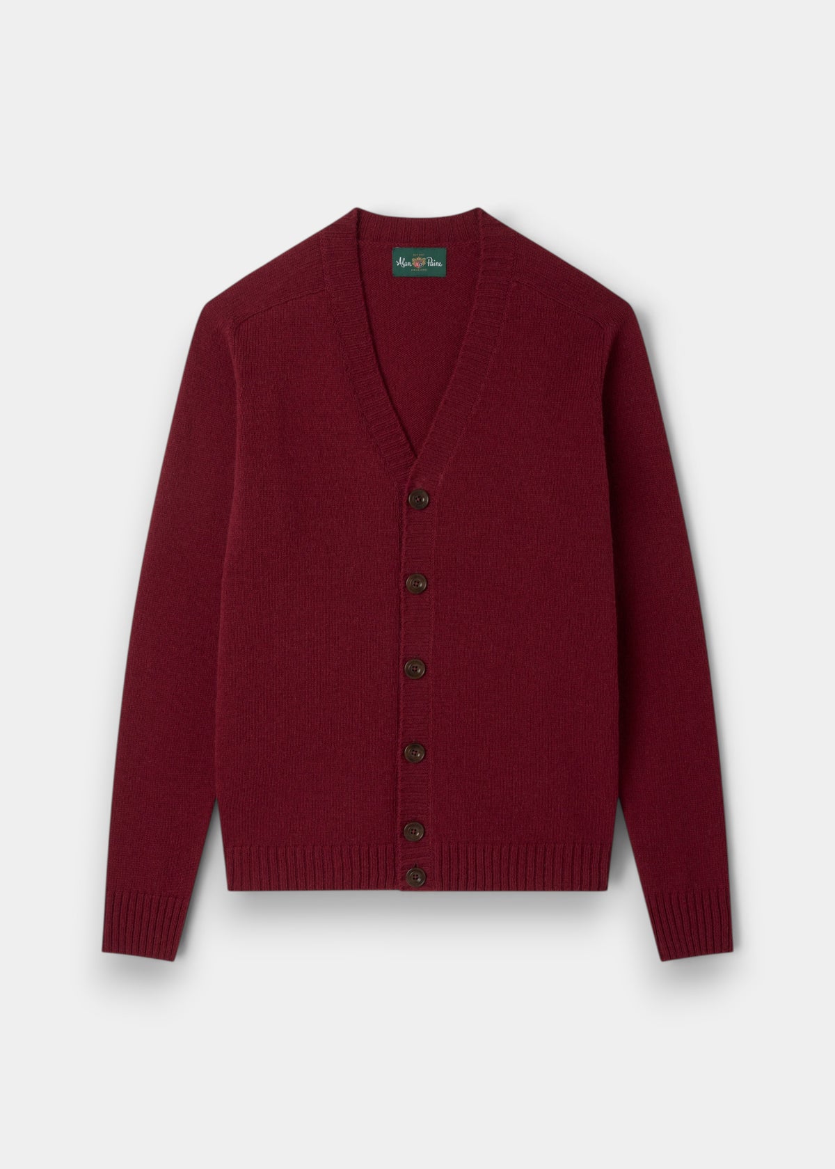 Kinloch Supersoft Shetland Wool V-Neck Cardigan in Venetian, long sleeves, ribbed cuffs/hem, on white background.
