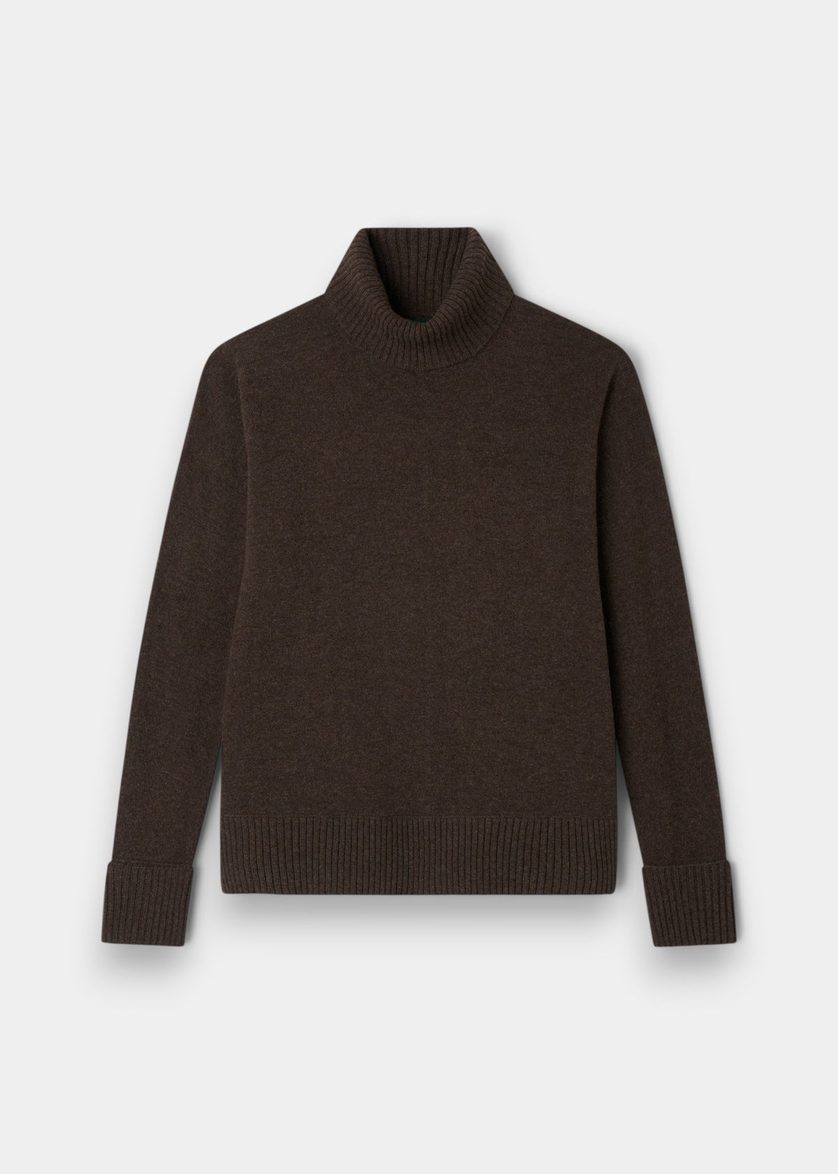 Alexa Wool & Cashmere Roll Neck Jumper in Walnut, shown flat with ribbed cuffs and hem on a light gray background.