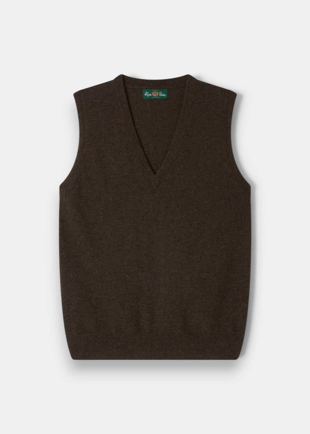 Erin Wool & Cashmere V-Neck Slipover in Walnut, sleeveless and laid flat on white for a refined, luxe look.