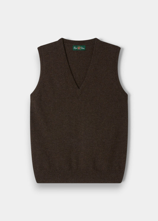 Erin Wool & Cashmere V-Neck Slipover in Walnut, sleeveless and laid flat on white for a refined, luxe look.
