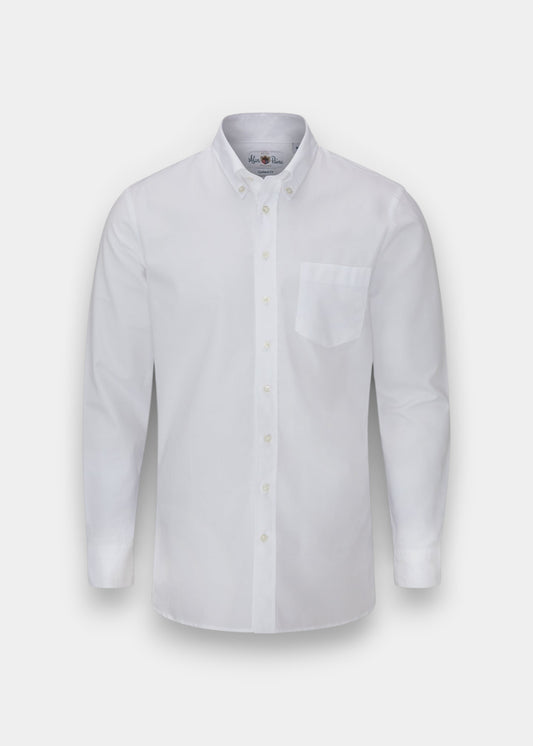 Alan Paine men's white long-sleeve button-down shirt made from 100% cotton with a chest pocket, front view.