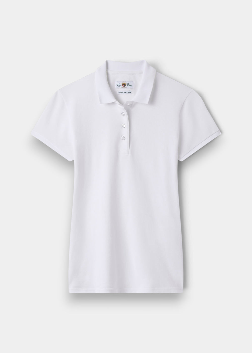 Alan Paine ladies white pique polo shirt in soft Peruvian Pima cotton with a three-button placket and feminine fit.