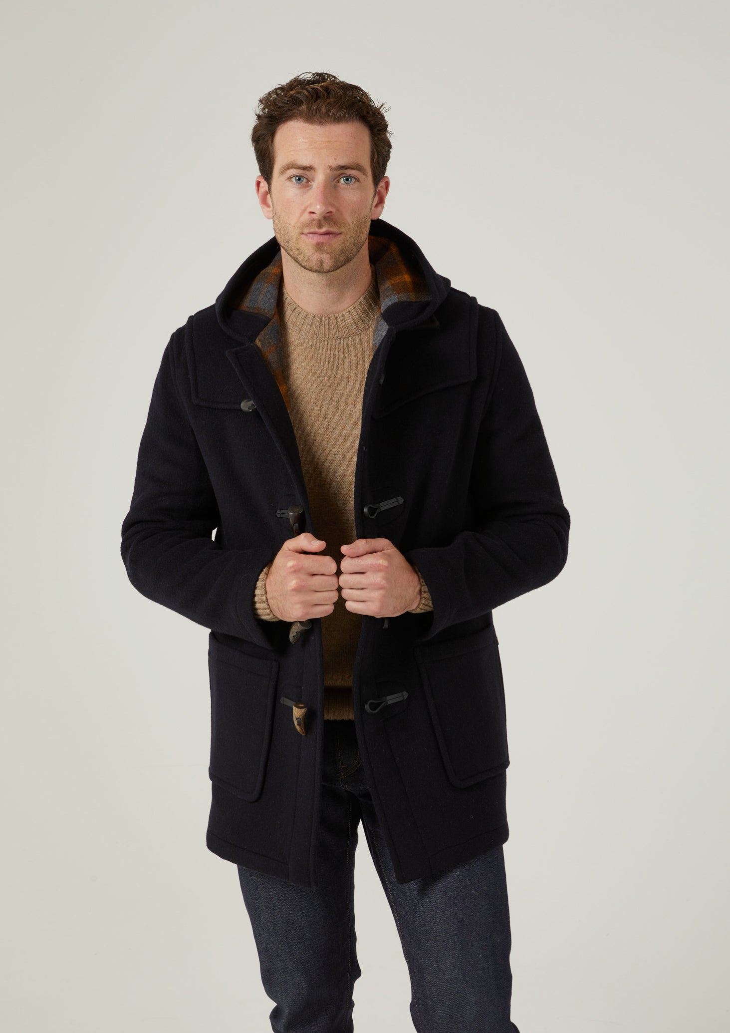Alcombey Check Back Duffle Coat In Navy – Alan Paine