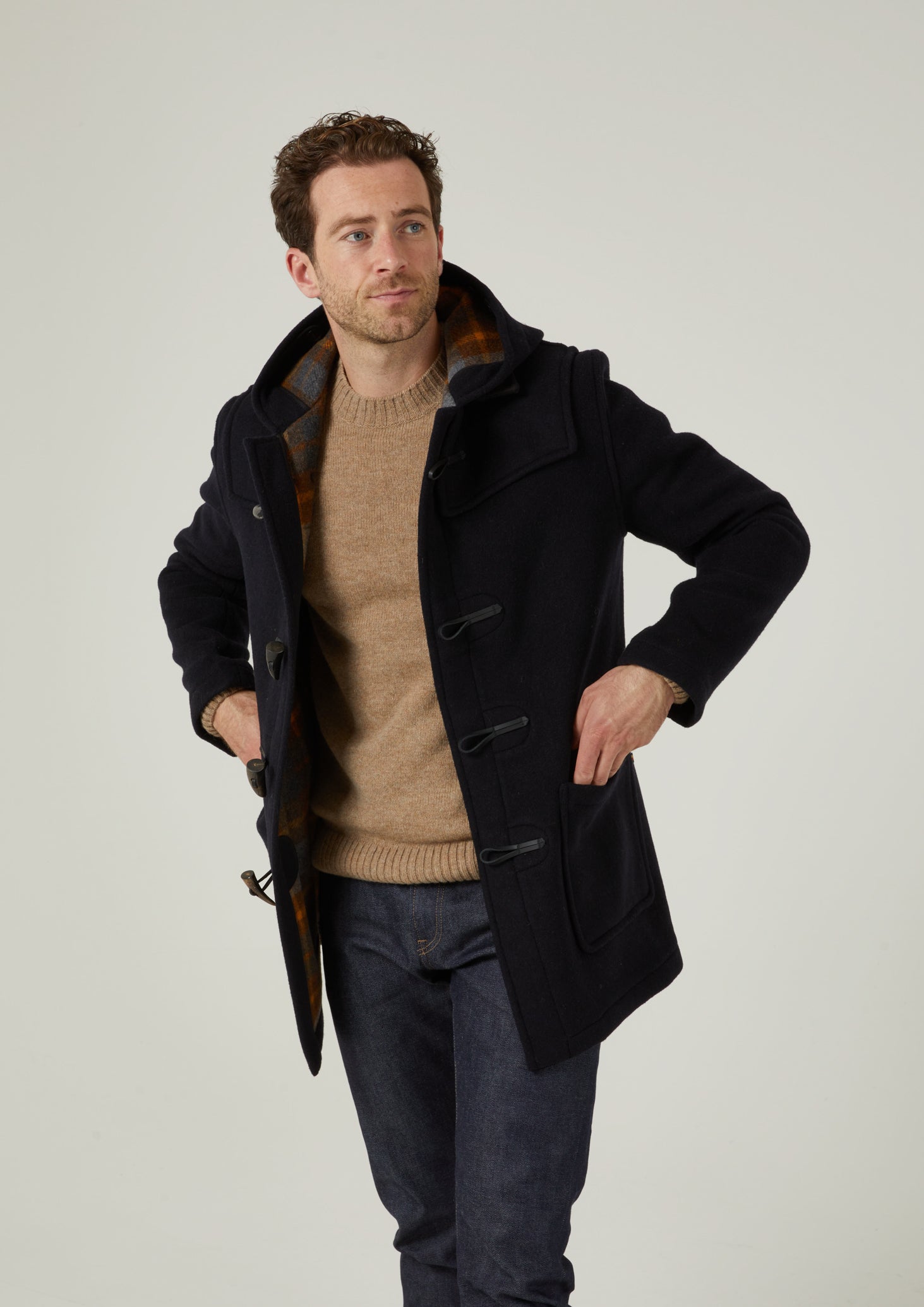 Alcombey Check Back Duffle Coat In Navy – Alan Paine