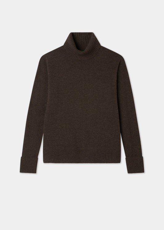 Ladies brown roll neck jumper on a white background
