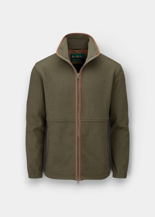 Alan Paine Aylsham men's green herringbone fleece jacket with faux suede trim and full front zip closure.