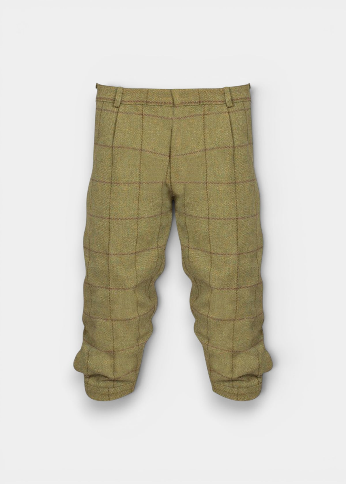 Rutland Children’s Tweed Water Repellent Breeks in Lichen, olive green with a brown windowpane check pattern.