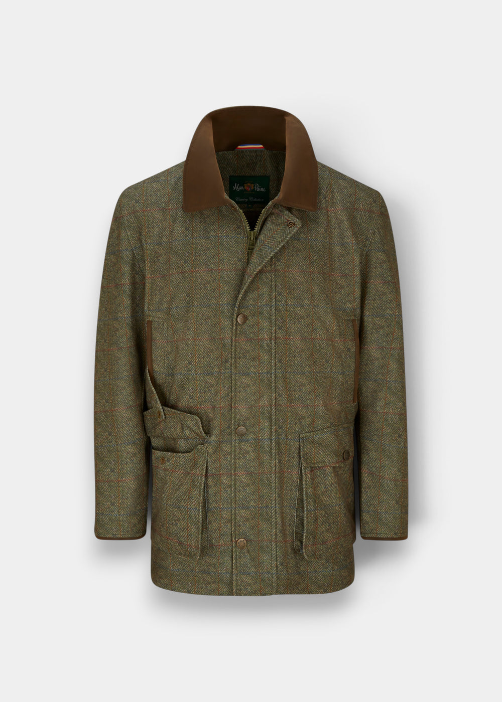 A classic tweed jacket in olive green and brown, featuring a solid brown corduroy collar, front button closure, and two large front flap pockets, shown against a light gray background.