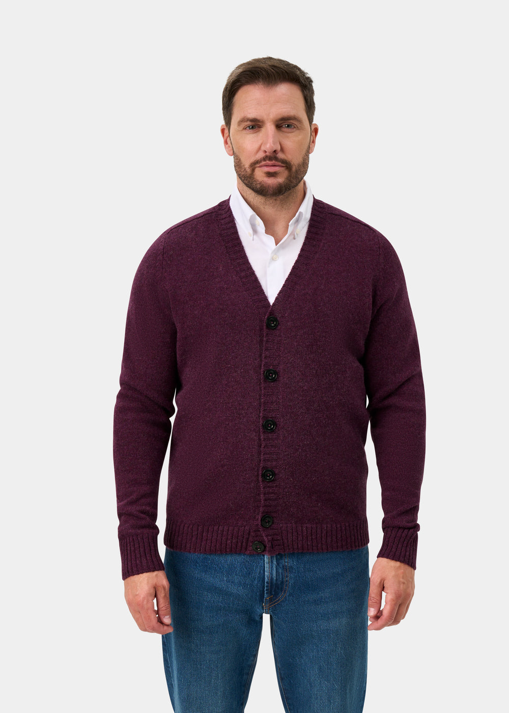 Kinloch Men's Shetland Wool Cardigan in Elderberry