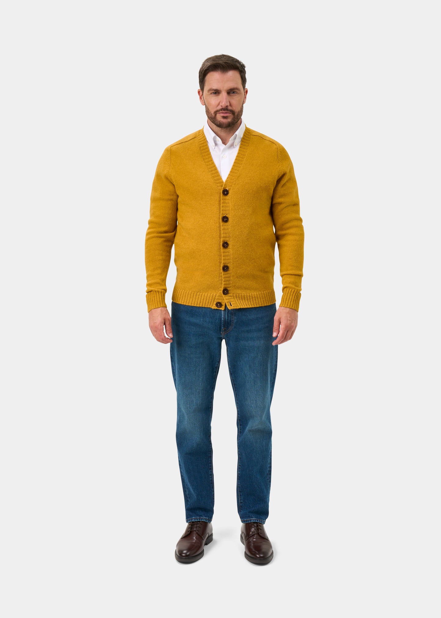 Kinloch Men's Shetland Wool Cardigan in Old Gold