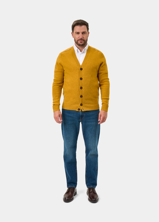 Kinloch Men's Shetland Wool Cardigan in Old Gold
