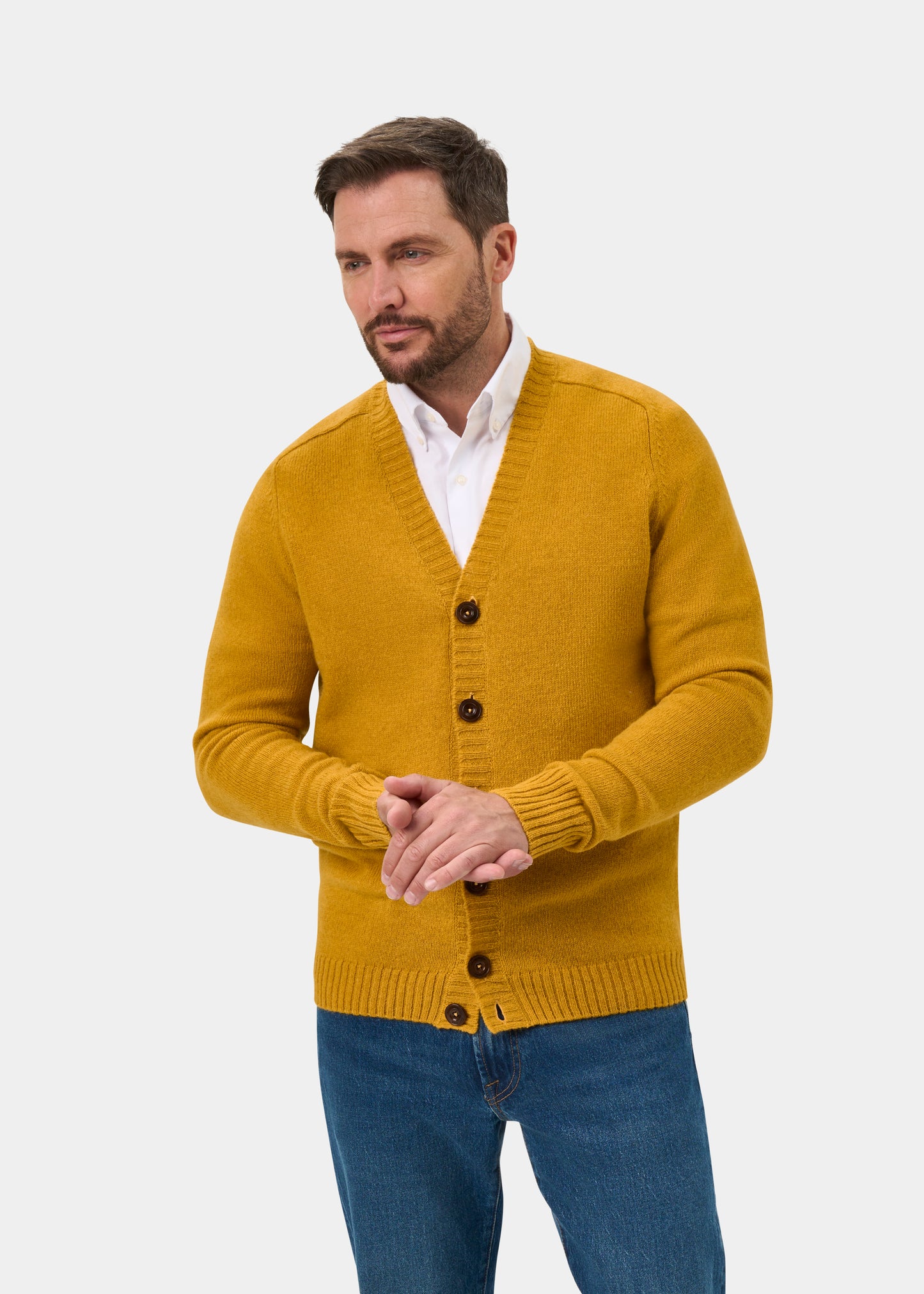Kinloch Men's Shetland Wool Cardigan in Old Gold