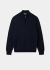 Dark navy quarter-zip sweater on a light gray background