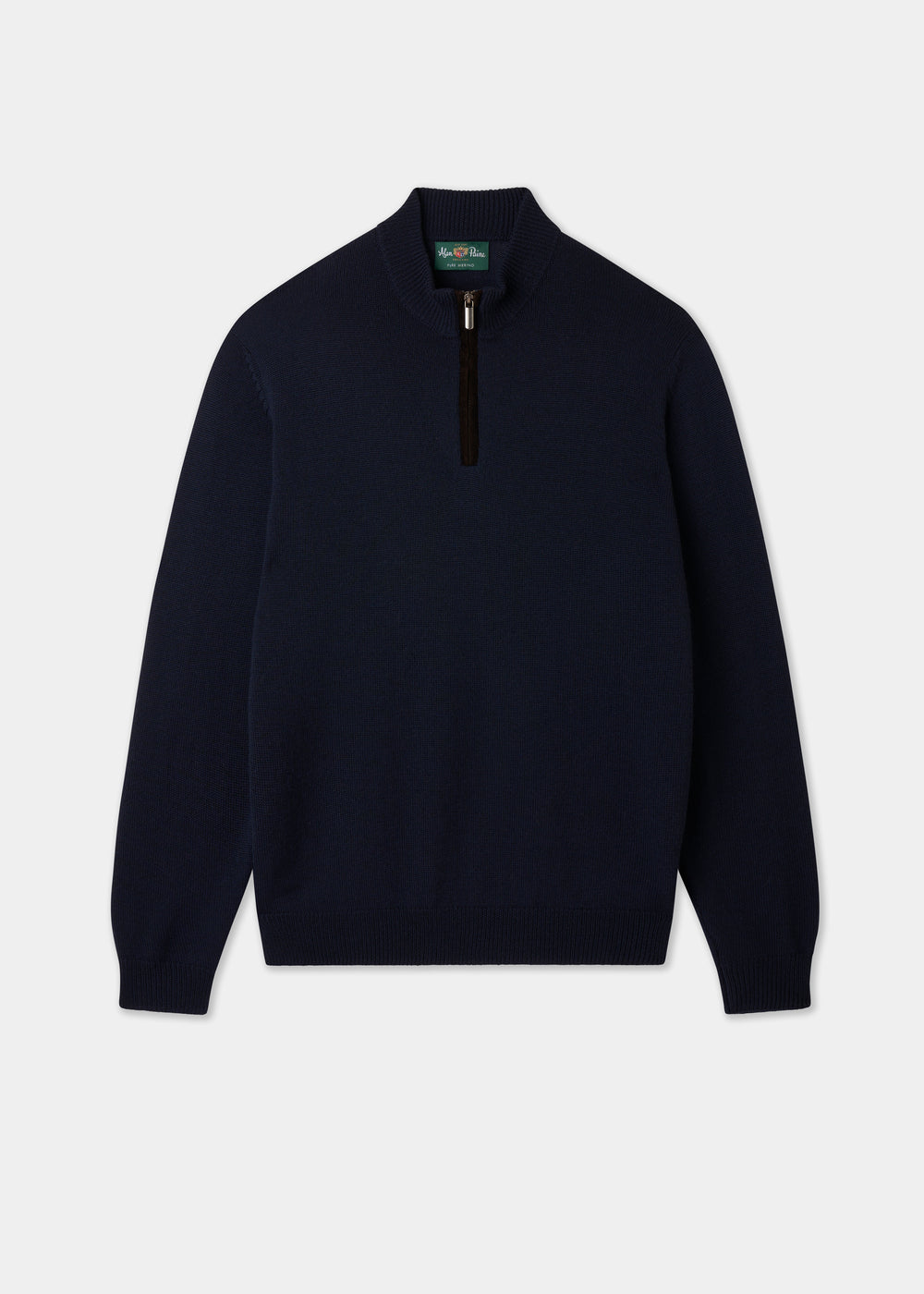 Dark navy quarter-zip sweater on a light gray background