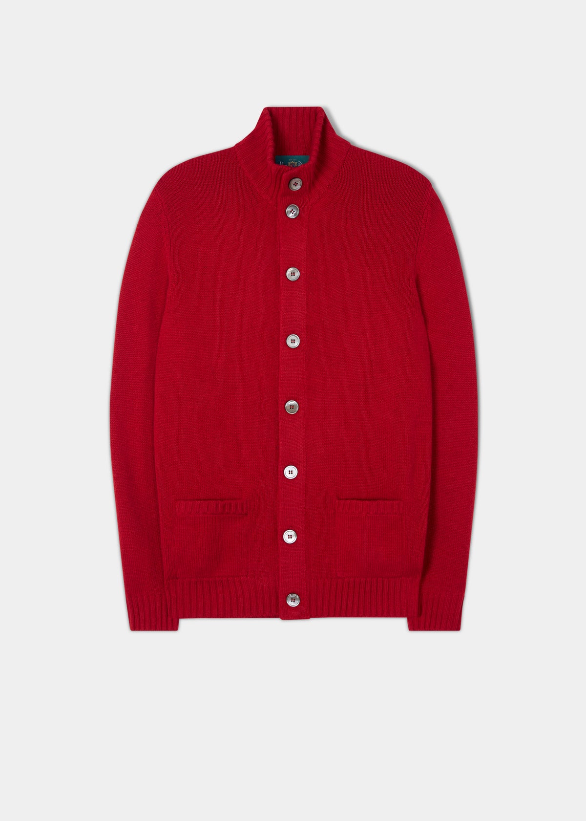 Landford Lambswool Buttoned Mock Neck Jumper in Dubonnet, regular fit, laid flat on a light gray background.