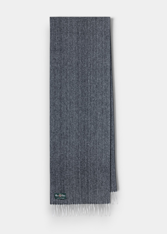 Kinross Cashmere Herringbone Scarf in Charcoal, featuring white fringed ends, shown laid flat on a white background.