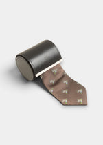 Ripon Silk Country Tie In Brown - Duck Design in a cylindrical leather case—an ideal gift for the sporting man.