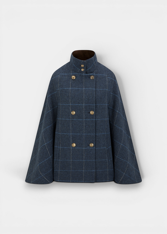 Alan Paine Surrey ladies midnight blue tweed cape with double-breasted buttons and a velvet funnel collar.