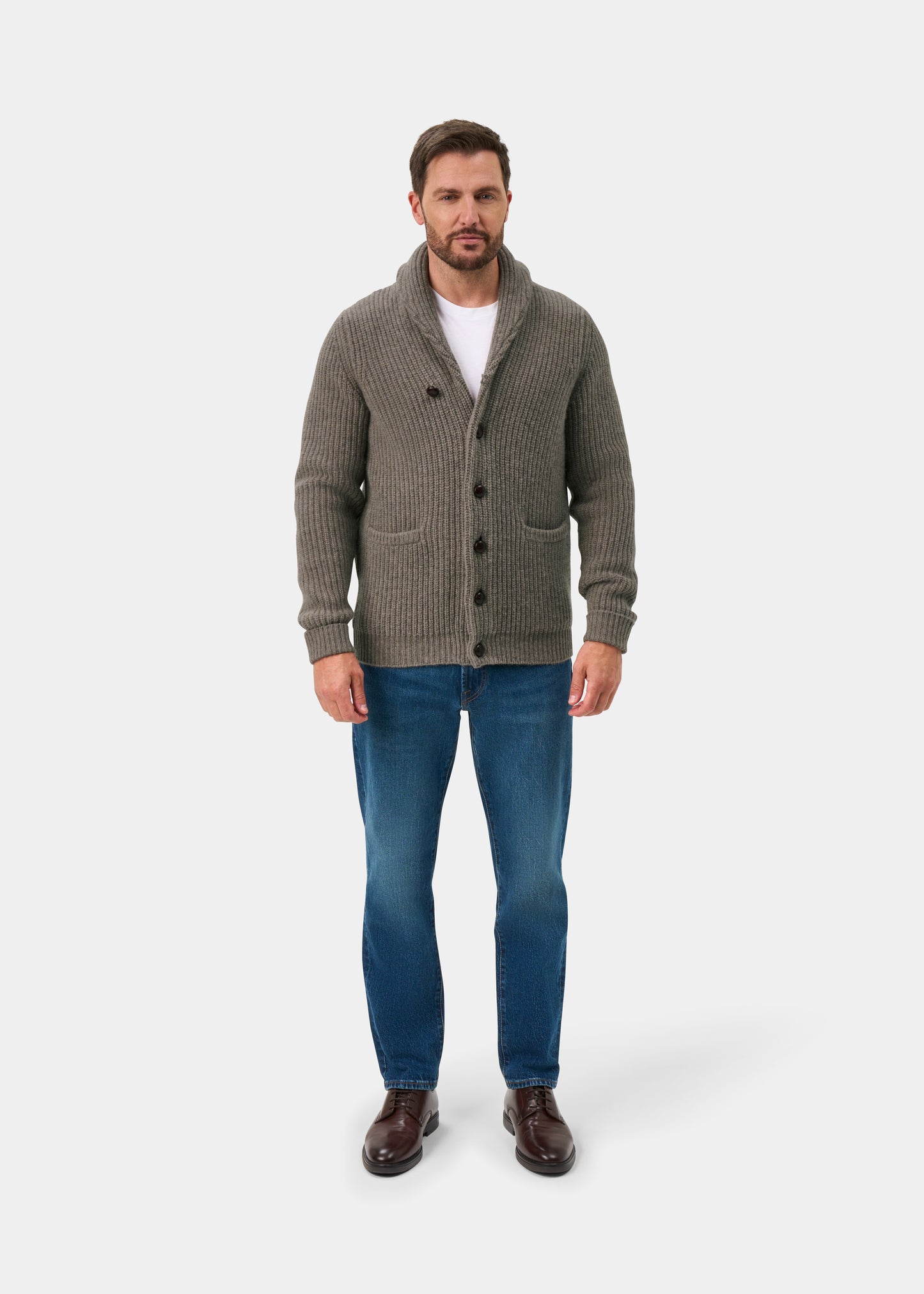 Usworth Men's Shawl Collar Lambswool Jumper In Vole - Regular Fit