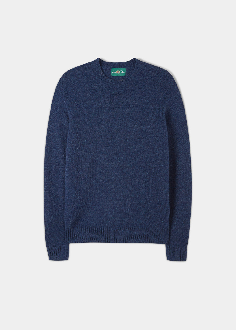 Kinnadie Supersoft Shetland Wool Crew Neck Jumper in Indigo—men’s regular fit knitwear, laid flat on white background.