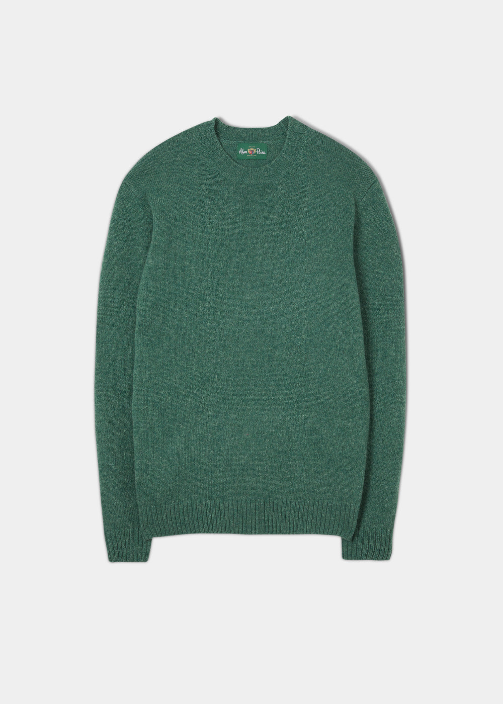 Kinnadie Supersoft Shetland Wool Crew Neck Jumper in Kingfisher, regular fit, laid flat on white background.
