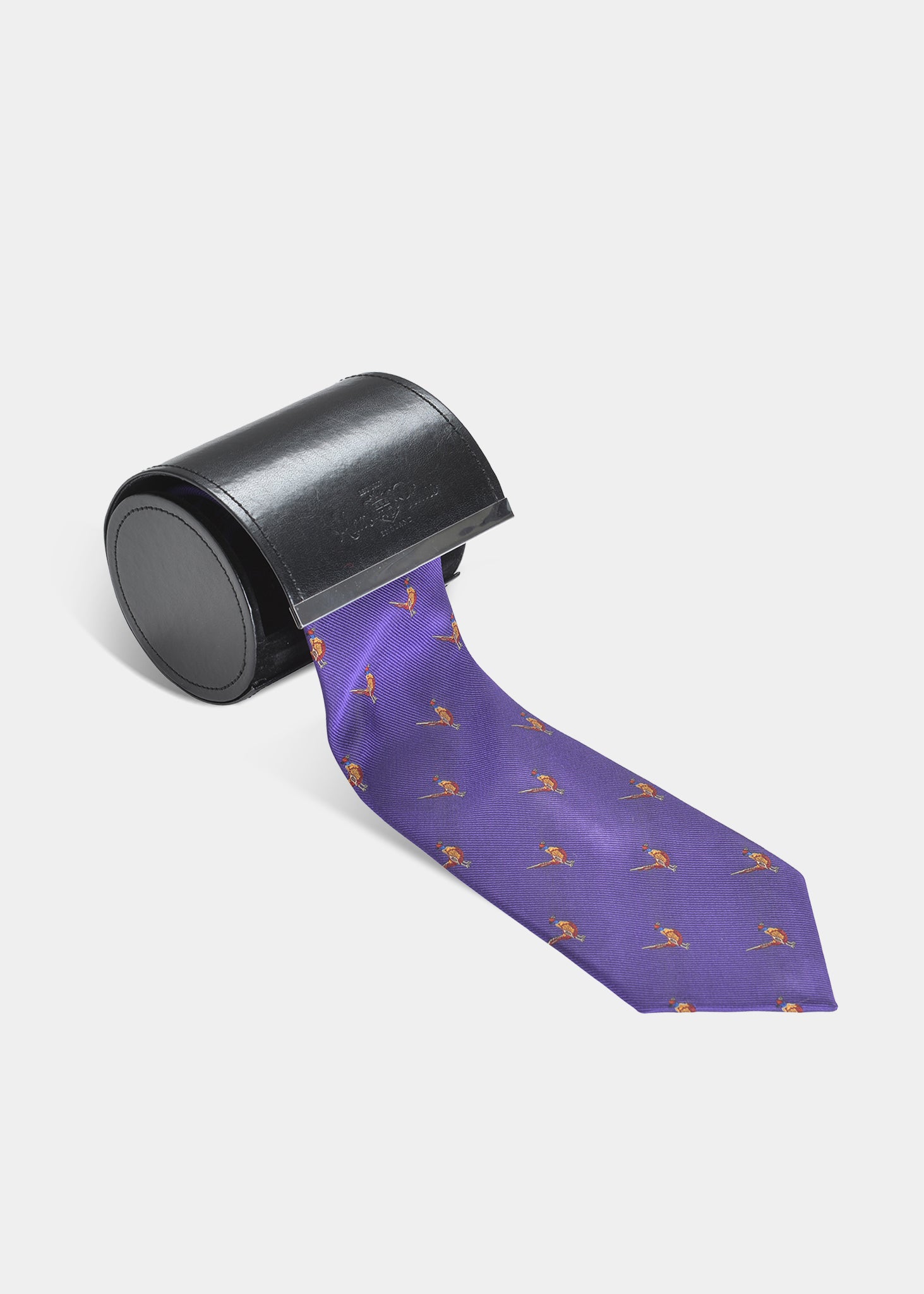 alan paine Ripon Silk Country Tie In Purple - Standing Pheasant Design